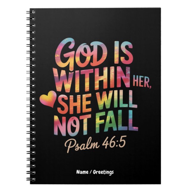 God is Within Her, She Will Not Fall  Bible Women Anteckningsbok (Framsidan)
