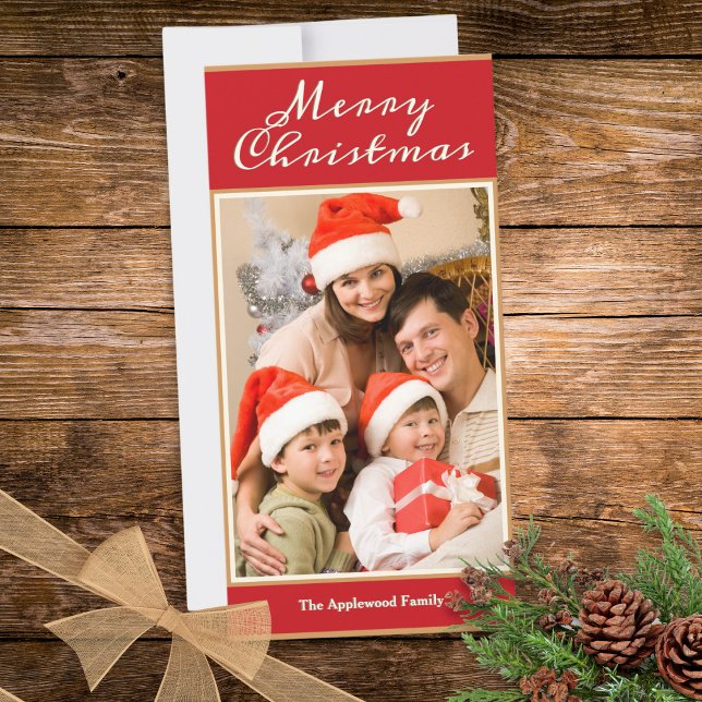 God Jul 1 Foto Elegant Röd Falsk Guld Julkort (A rustic Christmas card in red, faux gold and cream, to personalize with a photo and name(s))