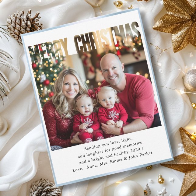 GOD JUL! 1 Foto, vitt, blått Julkort (Personalized 1-Photo, White, Christmas Card with “MERRY CHRISTMAS” Design & Blue Border.)