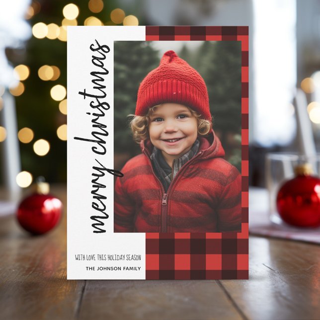 God jul 1 Photo Red Black Buffalo Play Julkort (Buffalo Plaid Pattern Christmas Card with One Photo)