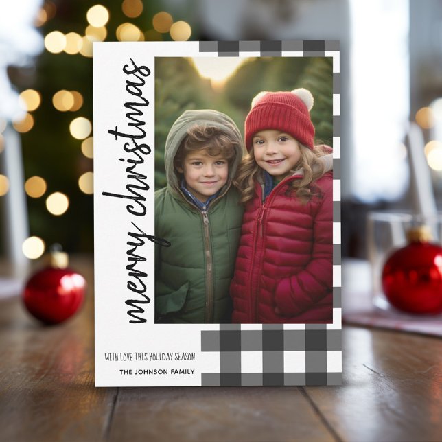 God jul 1 Photo White Black Buffalo Play Julkort (Buffalo Plaid in white and black with 1 photo - online christmas card)