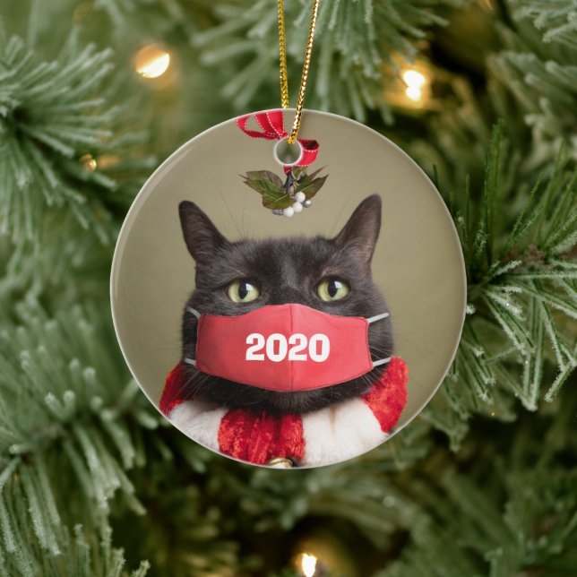 God jul 2020 Katt i Covid Ansikte Mask Julgransprydnad Keramik (Träd)