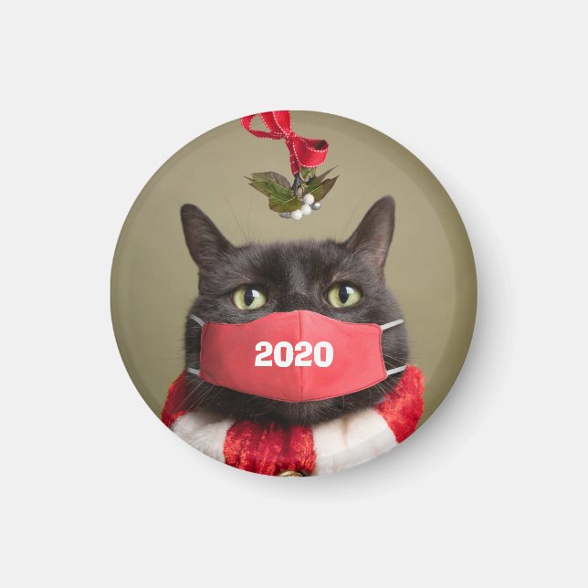 God jul 2020 Katt i Covid Ansikte Mask Magnet (Framsidan)