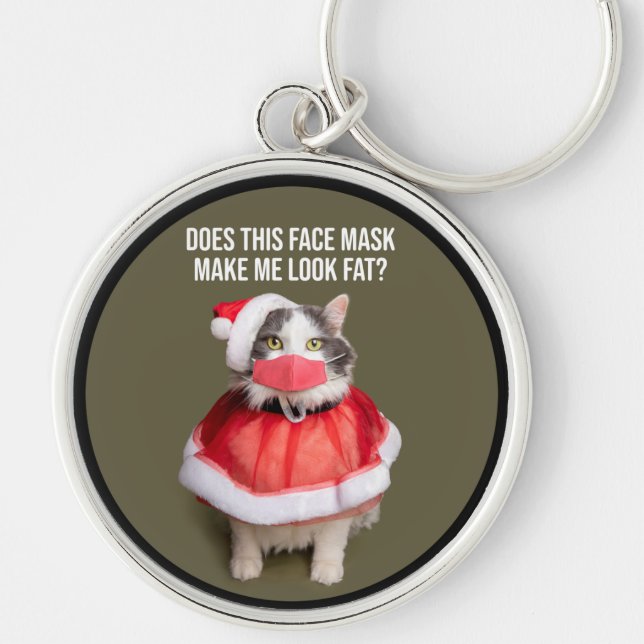 God jul 2020 Tjock Katt i Ansikte Mask Rund Silverfärgad Nyckelring (Framsidan)