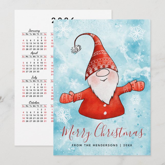 God Jul 2026 Kalender Blå Röd Gnome Julkort (Fram/baksida)