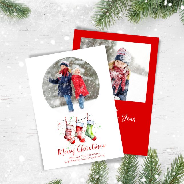 God jul 2 Fettvattenfärgslager för foto Julkort (Whimsical holiday photo cards with watercolor stockings. )