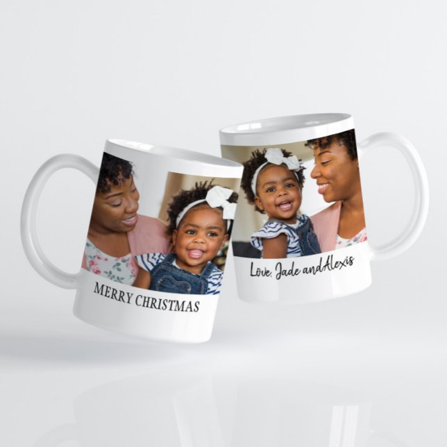 God Jul 2 foto Familjefarförälder Kaffemugg ("Merry Christmas" 2-photo holiday mug)