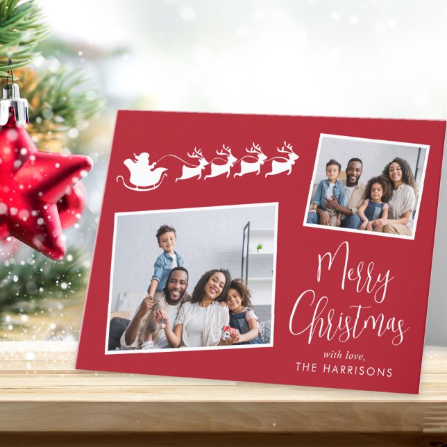God Jul 2 Foto Jultomten släde Röd Helgkort (Share the love and warmth of the holiday season with this personalized photo Christmas card)
