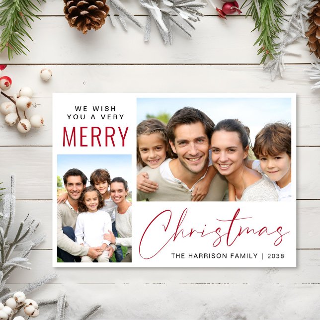 God Jul 2 Foto Röd Skrift Julkort (This holiday season, let your family's smiles and heartwarming memories shine on our 2 photo card)