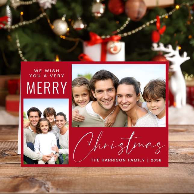God jul 2, fotoskript röd helgkort (This holiday season, let your family's smiles and heartwarming memories shine on our 2 photo card)