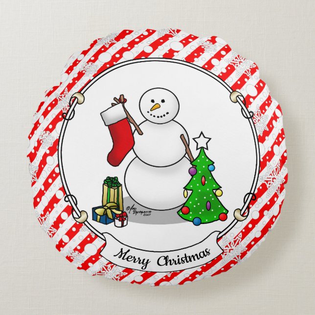 God jul 2 Träd, Snögubbe Rund Kudde (Framsidan)