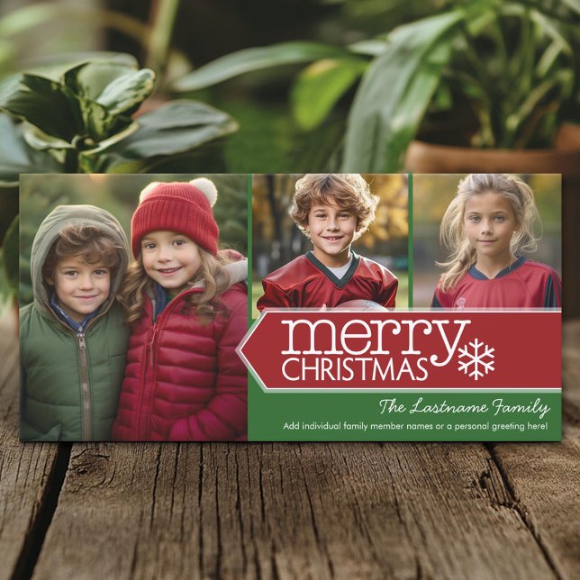 God jul - 3 bilder - modern röd grönt julkort (Custom Holiday Photo Card)