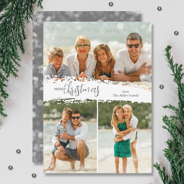God Jul 3 Foto Collage Julkort (Silver grey Merry Christmas 3 photo grid collage holiday cards, PRINTED and/or INSTANT DOWNLOAD)