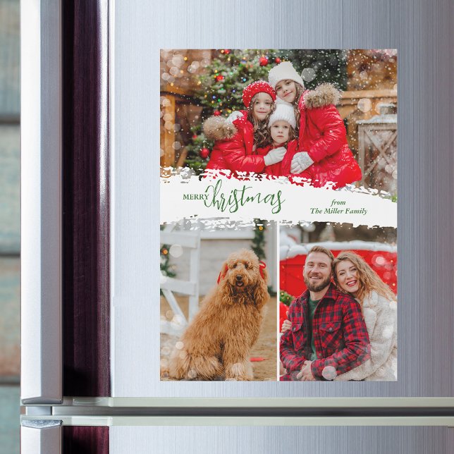 God Jul 3 Foto Magnetisk Högtidskort (Merry Christmas 3 Photo Magnetic Holiday Cards)