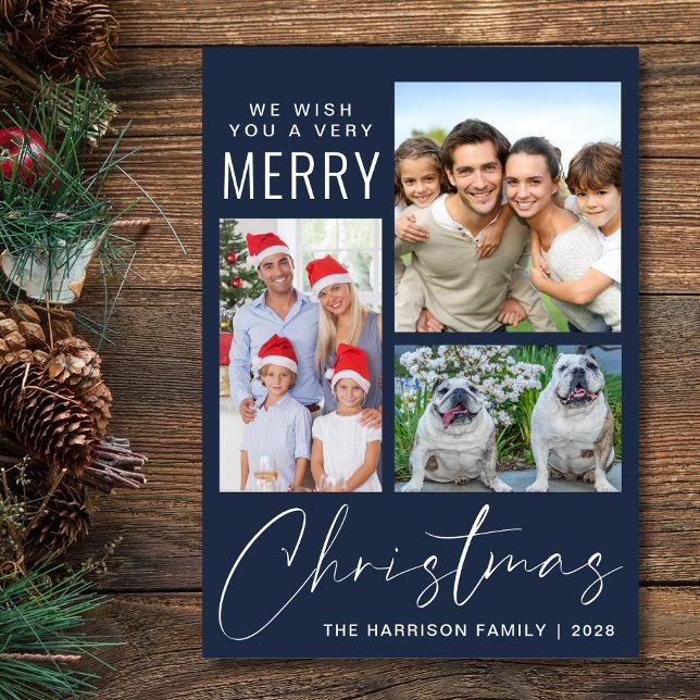 God jul 3 - fotoblå julkort (This holiday season, let your family's smiles and heartwarming memories shine on our 3 photo card)