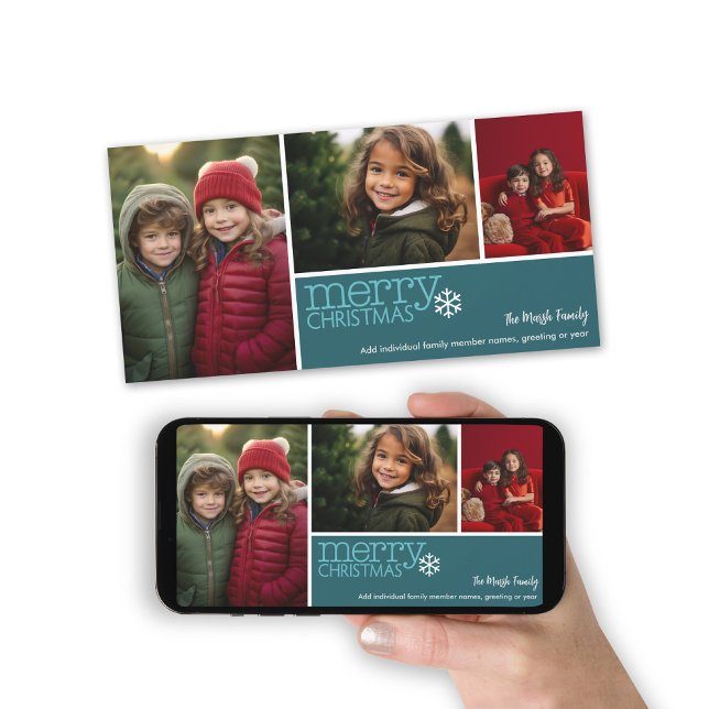 God jul - 3 foton - tårblåsnöflinga julkort (Holiday Photo card with a 3 Photo Collage. Download Option Available. Teal Accents)