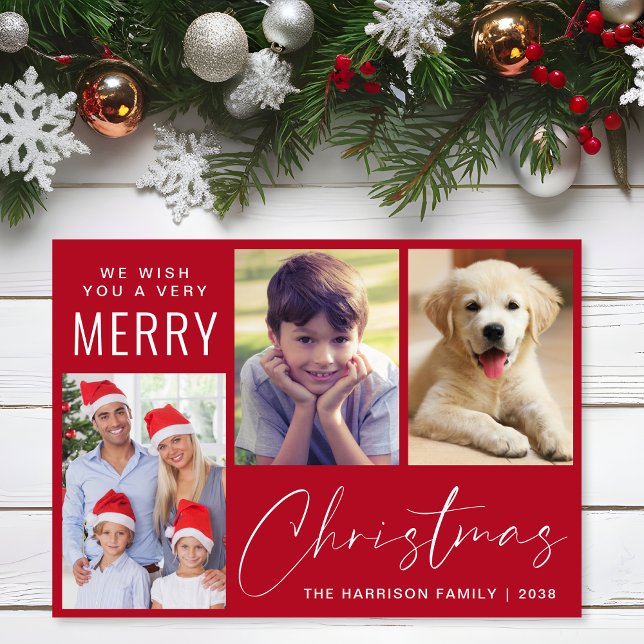 God jul 3, fotoskript röd julkort (This holiday season, let your family's smiles and heartwarming memories shine on our 3 photo card)