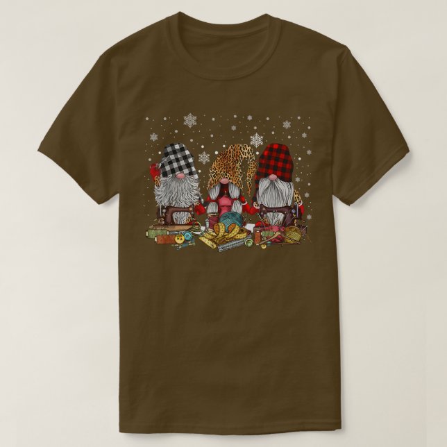 God jul 3 Gnomes Sewing Maskin Leopar T Shirt (Design framsida)