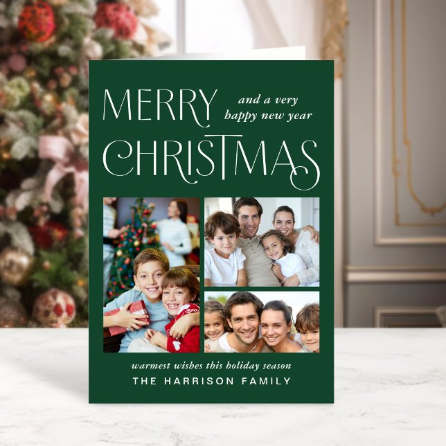 God jul 3 Photo Grönt Helgkort (This holiday season, let your family's smiles and heartwarming memories shine on our 3 photo card)