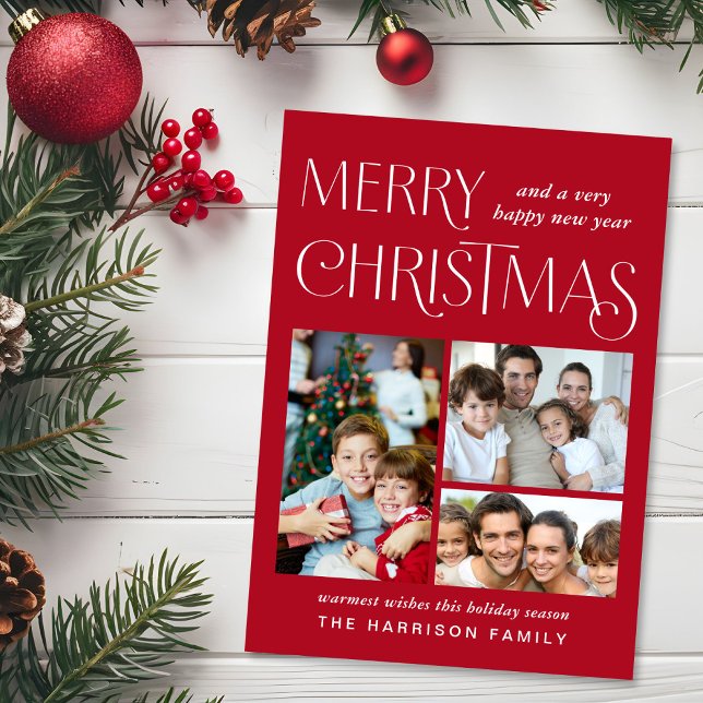 God jul 3 Photo Red Julkort (This holiday season, let your family's smiles and heartwarming memories shine on our 3 photo card)