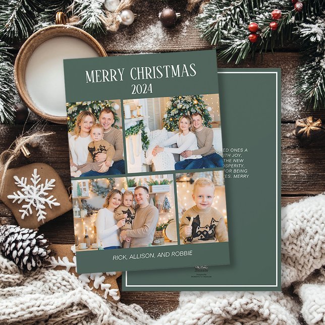 God jul 4 Foto Collage Grön Julkort (Elegant, modern green 4-photo Christmas greeting card personalized with your own photos and text.)