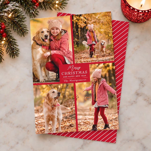God Jul 4 Foto Collage Julkort (Merry Christmas on red 4 photo grid holiday card, PRINTED and/or INSTANT DOWNLOAD)