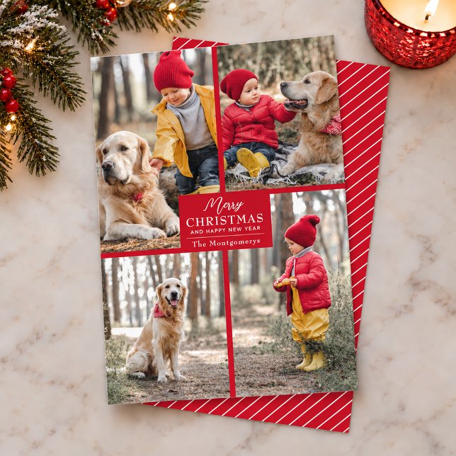 God Jul 4 Foto Collage Röd Julkort (Merry Christmas on red 4 photo grid holiday card, PRINTED and/or INSTANT DOWNLOAD)