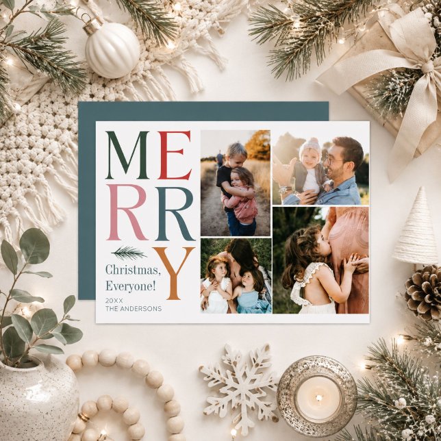 God Jul 4 Foto Familjecollage Modern Julkort (Merry Christmas 4 Photo Family Collage Modern Holiday Card)