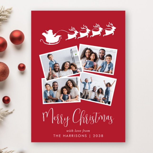 God Jul 4 Foto Santa Släd Röd Julkort (Share the love and warmth of the holiday season with this personalized photo Christmas card)