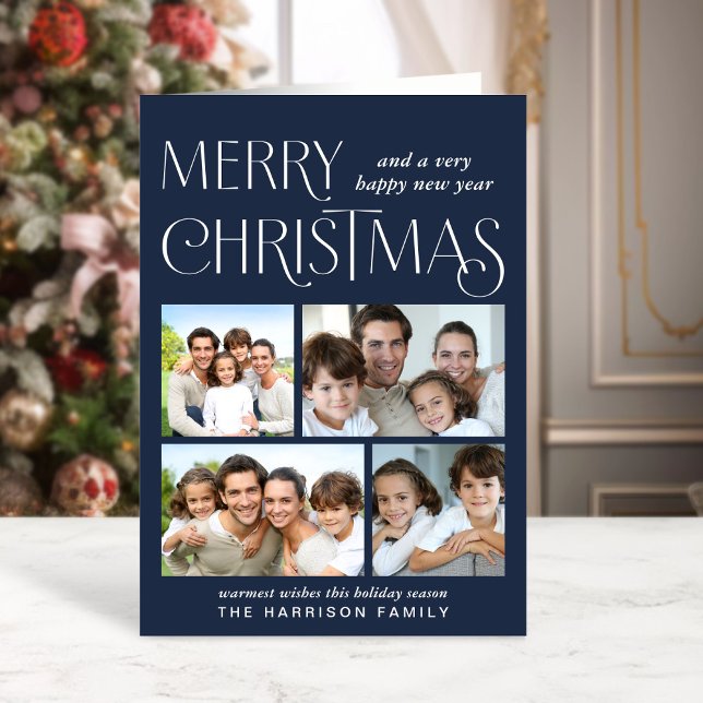 God jul 4 Fotoblått Helgkort (This holiday season, let your family's smiles and heartwarming memories shine on our 4 photo card)