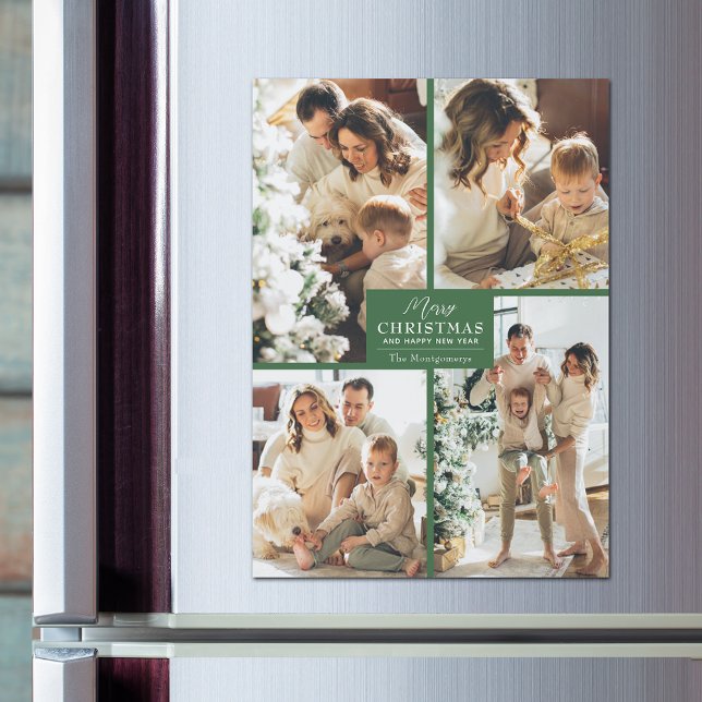 God jul 4-fotokollage Magnetiskt kort (Magnetic greeting cards with Merry Christmas and 4 photos with a green border)