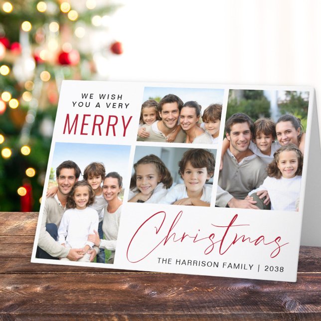 God jul 4 Fotoröd skrift Helgkort (This holiday season, let your family's smiles and heartwarming memories shine on our 4 photo card)