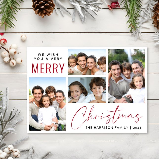 God jul 4 Fotoröd skrift Julkort (This holiday season, let your family's smiles and heartwarming memories shine on our 4 photo card)