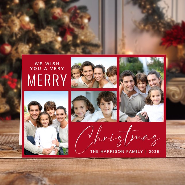 God jul 4, fotoskript röd helgkort (This holiday season, let your family's smiles and heartwarming memories shine on our 4 photo card)