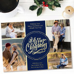 God jul 4 Photo Collage Blue och Guld<br><div class="desc">Anpassa det här lyxfotona julkortet för guld med fyra av dina favoritfoton. Mallen är konfigurerad så att du kan lägga till dina fyra foton och har även två redon för hälsning och namn. Kortets centrum har texten "God jul" i en modern och chic färg palett av blått och guld. Bilder...</div>