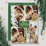 God jul 4 Photo Collage Guld<br><div class="desc">Julhälsningskort med riktiga folier har ditt efternamn och hälsning God jul och Gott nytt år i chic med riktiga fotfotsbrev på grönt med dina favoritfoto 4-foto på framsidan och ditt första namn på baksidan. Live Design Service kan hjälpa dig med layouten för din design om det behövs.</div>