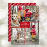 God jul 4 Photo Collage Red Julkort<br><div class="desc">Ditt efternamn och hälsning och God jul och Gott nytt år i chic med röd text med 4 favoritfotokollage på framsidan och ditt första namn på baksidan av detta Julhälsningar kort. MER FÄRG i vår affär. Live Design Service kan hjälpa dig med layouten för din design om det behövs.</div>