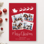God jul 4 Photo Santa Sleigh Red Julkort<br><div class="desc">Festive Red jul-kort med ett 4-foto-kollage av utspridt bilder i vit ramar,  en illustration av renar som flyger tomtarts sligh,  "God jul" i ett snyggt vitt skript och ditt namn i ren vit typografi.</div>