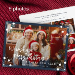 God jul 5 fotokollage marin blått julkort<br><div class="desc">Enkelt minimifotografi av fem anpassningsbar i snyggten "God jul och A Gott nytt år" (utbytbar) manusskript täcker över vågrät julkort med en mörk marin helgdag och vitt ram.                         Enkel att anpassa med bilder,  text,  namn namnteckning och önskemål på båda sidor!</div>