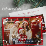 God jul 5 fotokollage röd julkort<br><div class="desc">Enkelt minimifotografi av fem anpassningsbar i snyggten "God jul och A Gott nytt år" (utbytbar) typografskripttext täcker över vågrät julkort med en ljusröd ram och snöflingor.                         Enkel att anpassa med bilder,  text,  namn namnteckning och önskemål på båda sidor!</div>