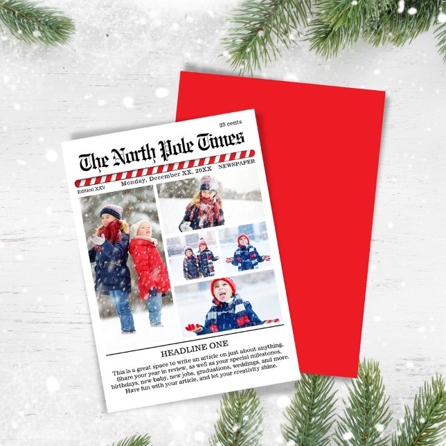 God jul 5 Photo Collage Newspaper Julkort (The North Pole Times Multi photo holiday greeting card.)