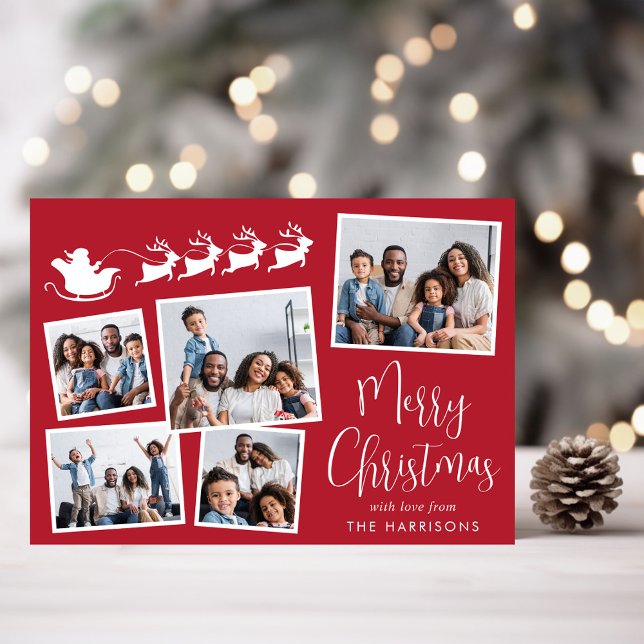 God jul 5 Photo Collage Santa Sleigh Julkort (Share the love and warmth of the holiday season with a personalized photo Christmas card)