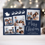 God jul 5 Photo Santa Sleigh Blue Julkort<br><div class="desc">Festivt blått helgdag med 5 fotokollage av utspridt bilder i vitt ramar,  en vit silhuett av renar som flyger tomtens sleigh,  "God jul" i ett snyggt vitt skript och ditt namn i vanlig modern vit typografi.</div>