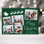 God jul 5 Photo Santa Sleigh Grönt Julkort<br><div class="desc">Festive grönt helgdag card med 5 fotokollage av utspridd bilder i vitt ramar,  en silhuett av renar som flyger jultomts sligh,  "God jul" i ett snyggt vitt skript och ditt namn i modern vit typografi.</div>