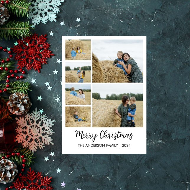 God Jul 6-Foto Grid med familjenamn Julkort (Merry Christmas 6-Photo Grid with Family Name Holiday Card)