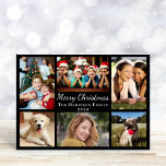 God jul 6 Photo Collage Black Julkort<br><div class="desc">Modern svart helgdag i fotokollage med "God jul" i ett vitt skript i eleganten,  6 bilder av dina favoriter och favoritstunder från förra året och din familj namn och året i vitt.</div>