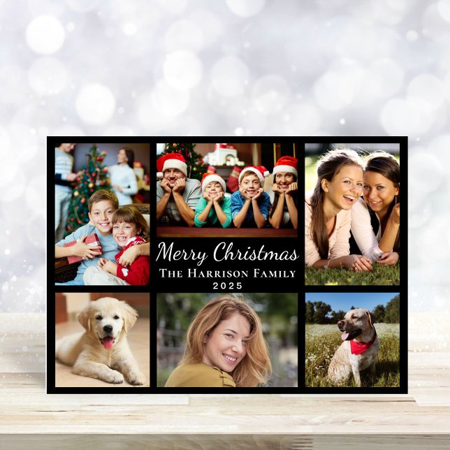 God jul 6 Photo Collage Black Julkort (This holiday season, let your family's smiles and heartwarming memories shine on our 6 photo card)
