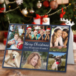 God jul 6 Photo Collage Blue Helgkort<br><div class="desc">Modern fotokollage Blue Folded helgdag card med "God jul" i ett vitt skript i eleganten,  6 bilder av dina favoriter och stunder från förra året och din familj namn och året i vitt. På insidan anpassar du hälsning och lägger till ditt första namn.</div>