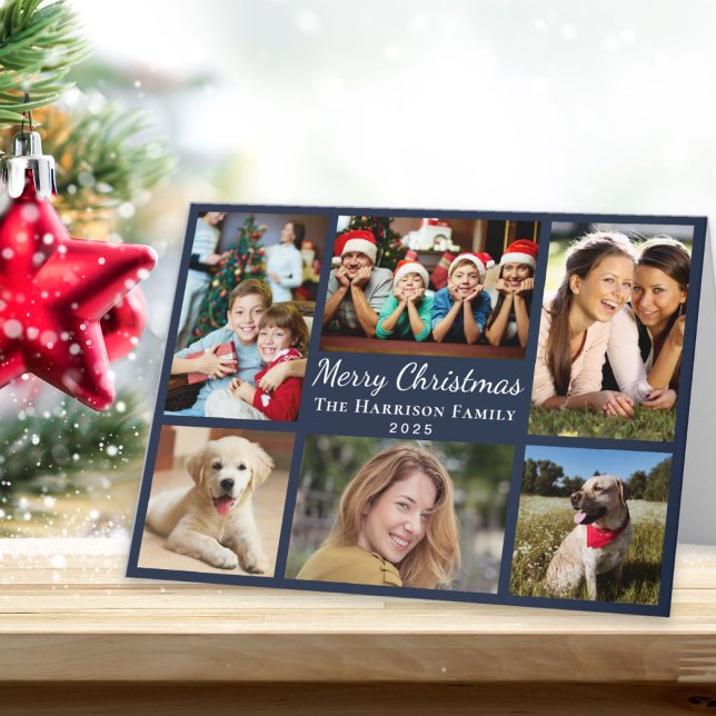 God jul 6 Photo Collage Blue Helgkort (This holiday season, let your family's smiles and heartwarming memories shine on our 6 photo card)