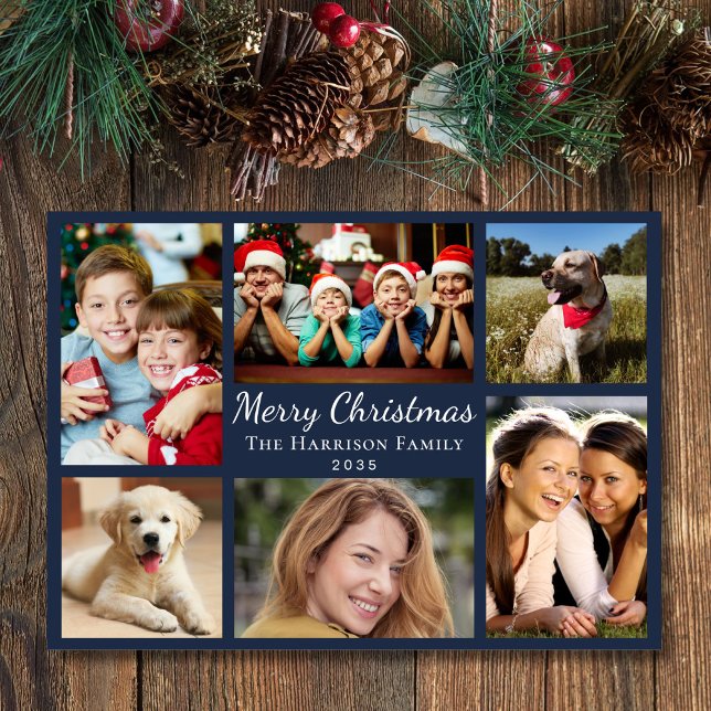 God jul 6 Photo Collage Blue Julkort (This holiday season, let your family's smiles and heartwarming memories shine on our 6 photo card)